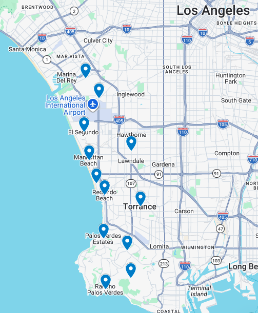 Releaf Club South Bay weed delivery cities map — Torrance, Redondo Beach, Hermosa Beach, Manhattan Beach